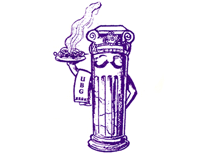 Anthropomorphic cartoon of a Greek column posing as a chef ready to serve a plate of food